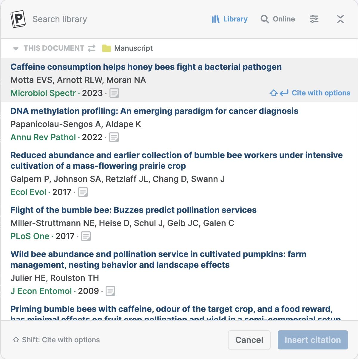 The beta citation dialog in Google Docs with Library and Online tabs, a “This document” filter set to the Manuscript folder, six matching references listed, a “Cite with options” action, and Cancel and “Insert citation” buttons.